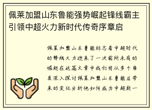 佩莱加盟山东鲁能强势崛起锋线霸主引领中超火力新时代传奇序章启