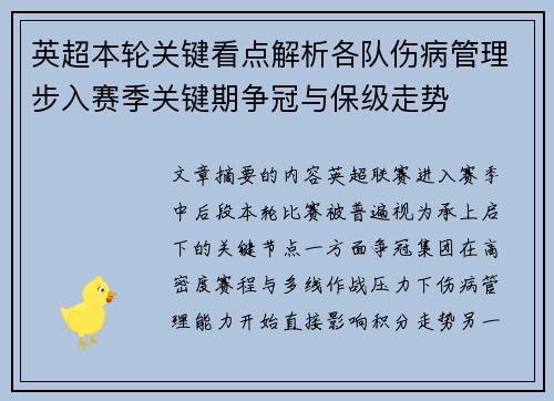 英超本轮关键看点解析各队伤病管理步入赛季关键期争冠与保级走势 英超本轮关键看点解析各队伤病管理步入赛季关键期争冠与保级走势